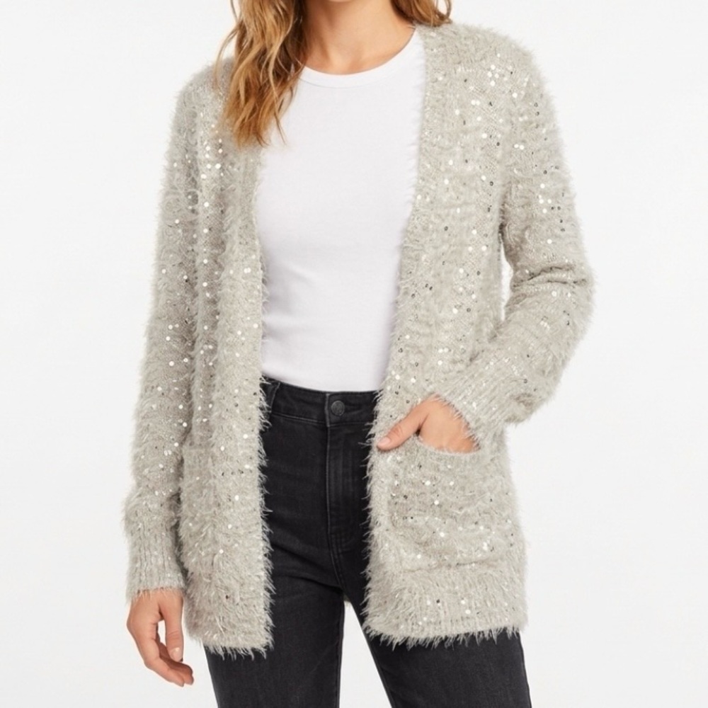 I Jeans by Buffalo Sequin Eyelash Grey Silver Open Front Cardigan M Cozy